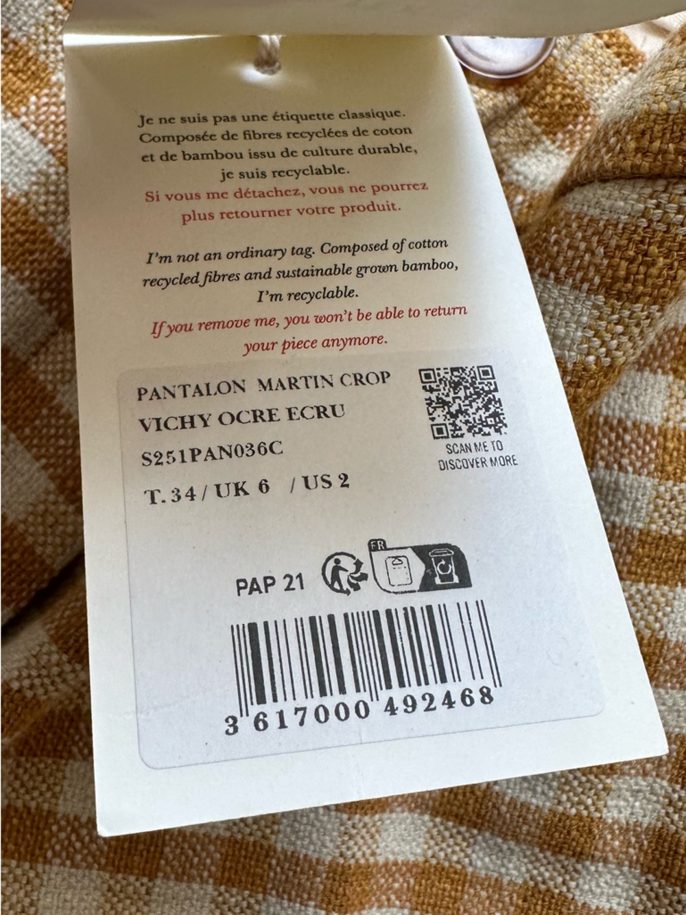 NWT Sezane Martin Cropped Pants, Ochre Ecru Gingham Pattern Size 34 US 2 - Picture 5 of 7